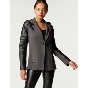 Blanc Noir Hooded Moto Jacket Blazer in Turbulence Gray Faux Leather Size Large‎